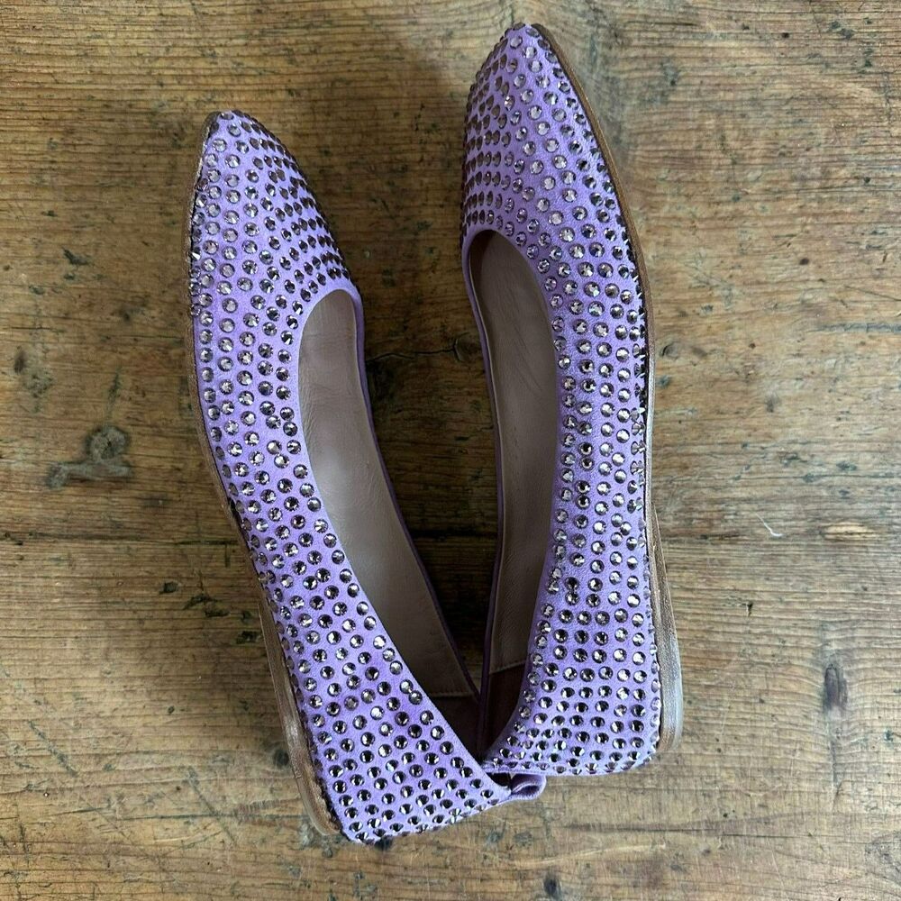 EddyDaniele Swarovski Crystal Lilac Suede Ballet Flat Shoes Square Italian Sz 40 - Picture 9 of 10